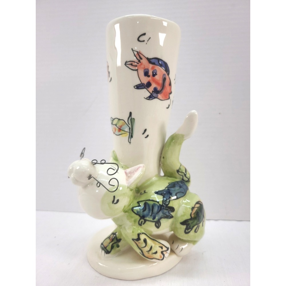 Whimsical Vase Cat and Fish Art Pottery Hand Painted Ceramic 3D Wire Whiskers